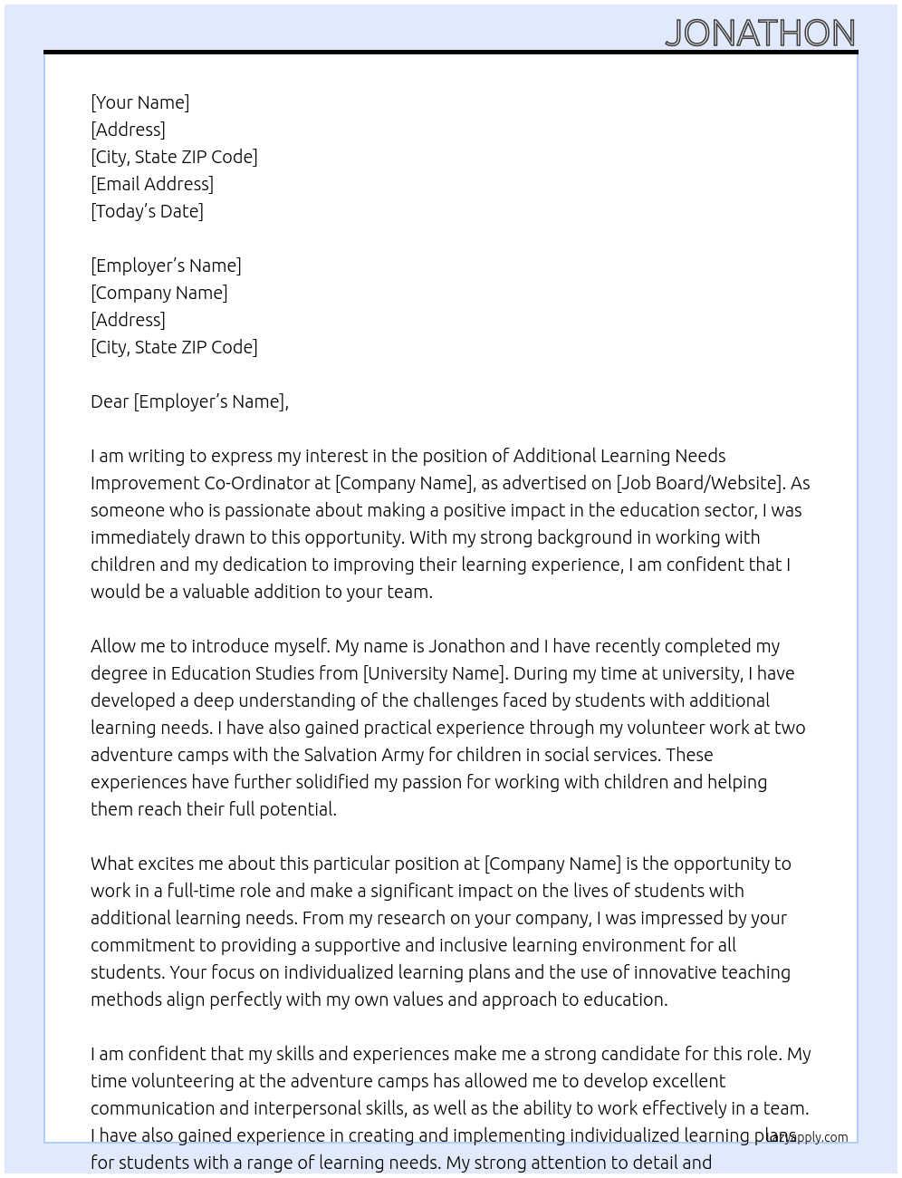 additional learning needs improvement co-Ordinator  At jonathon Cover Letter