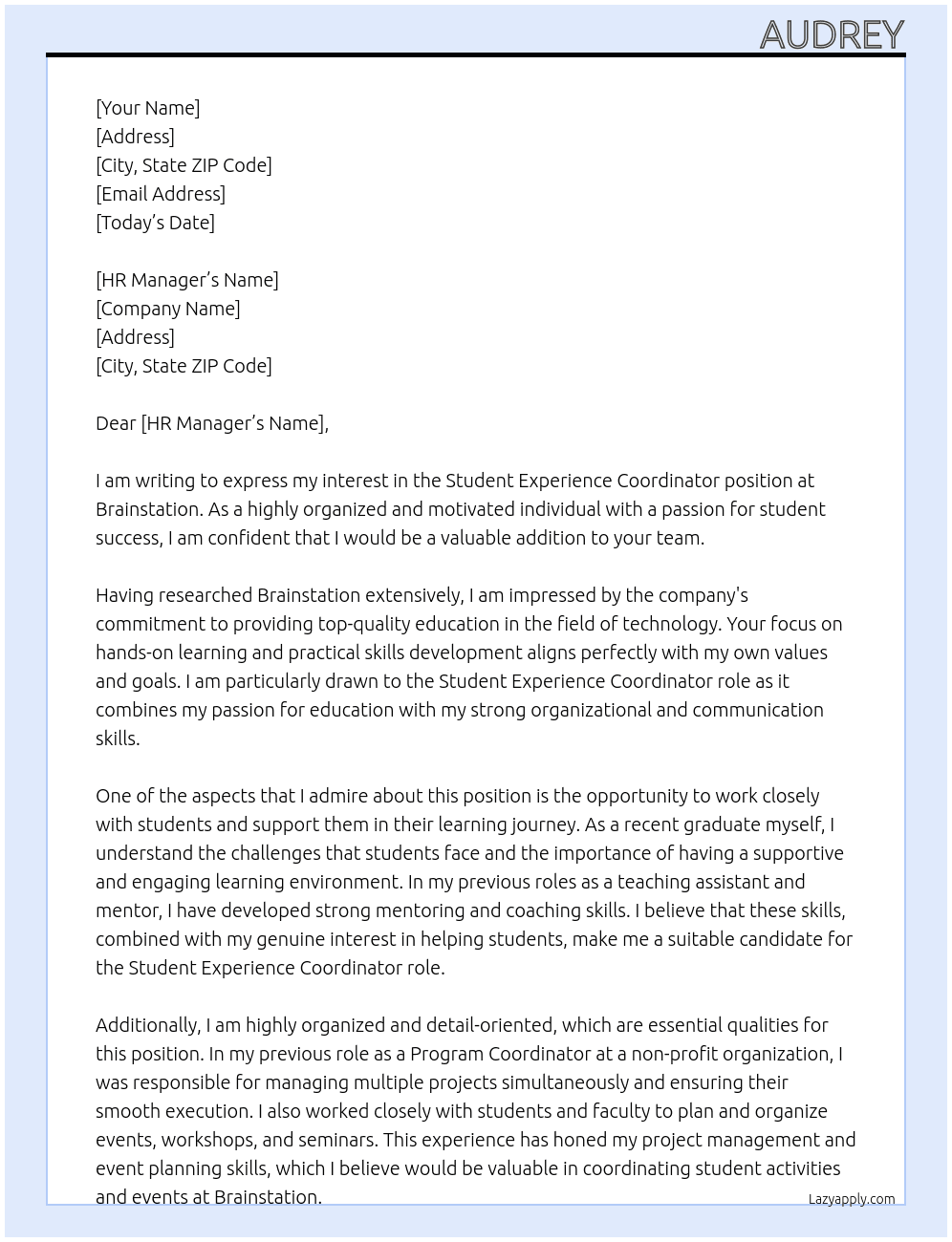 Student Experience Coordinator At Brainstation Cover Letter