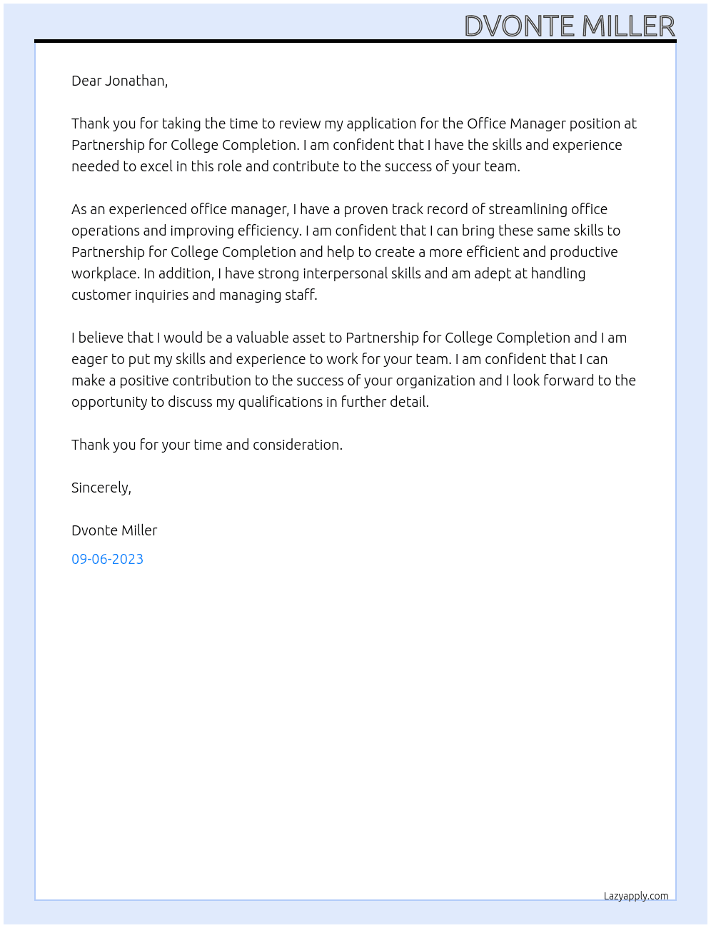 Office Manager At Partnership for College Completion Cover Letter