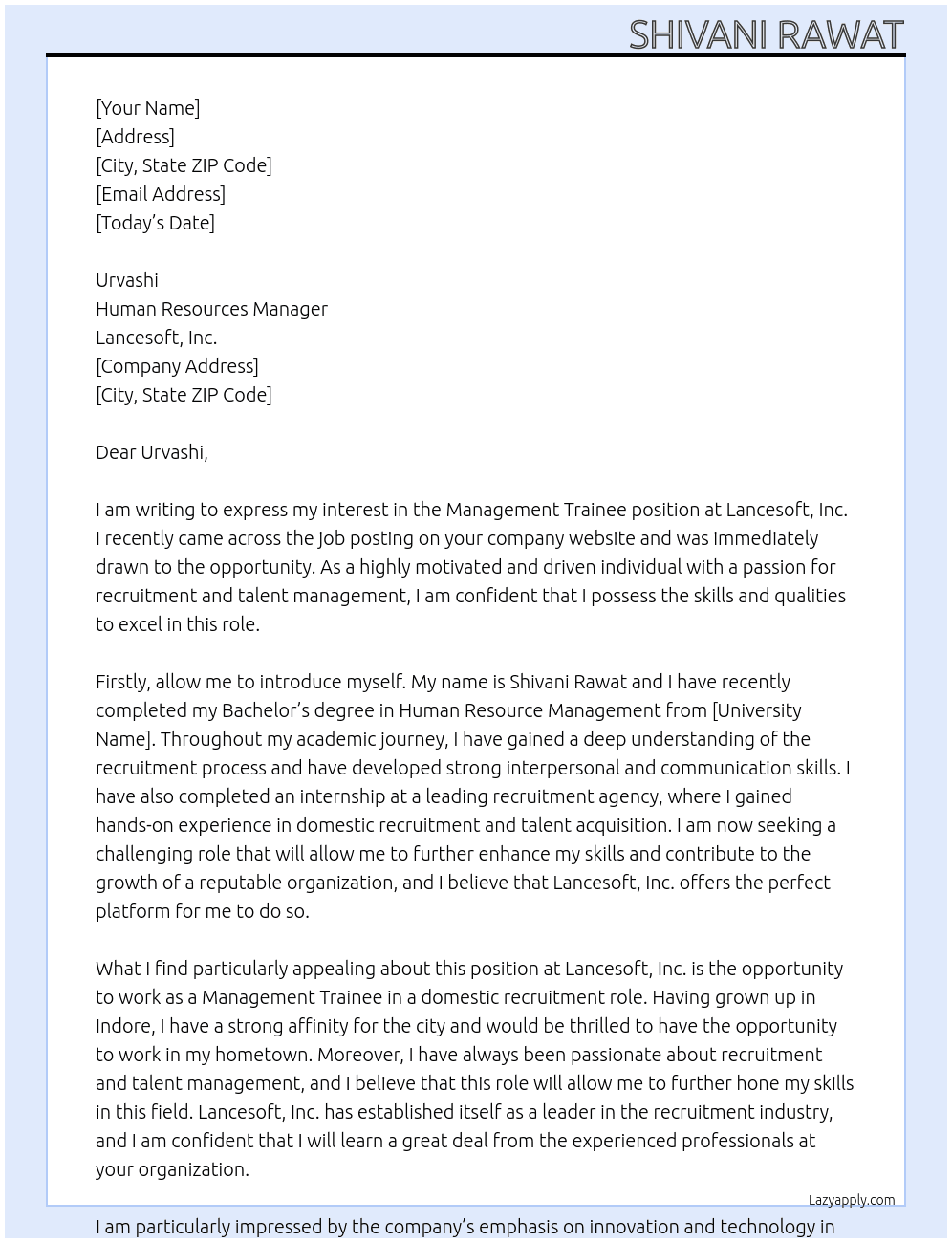 Management trainee At Lancesoft,Inc. Cover Letter