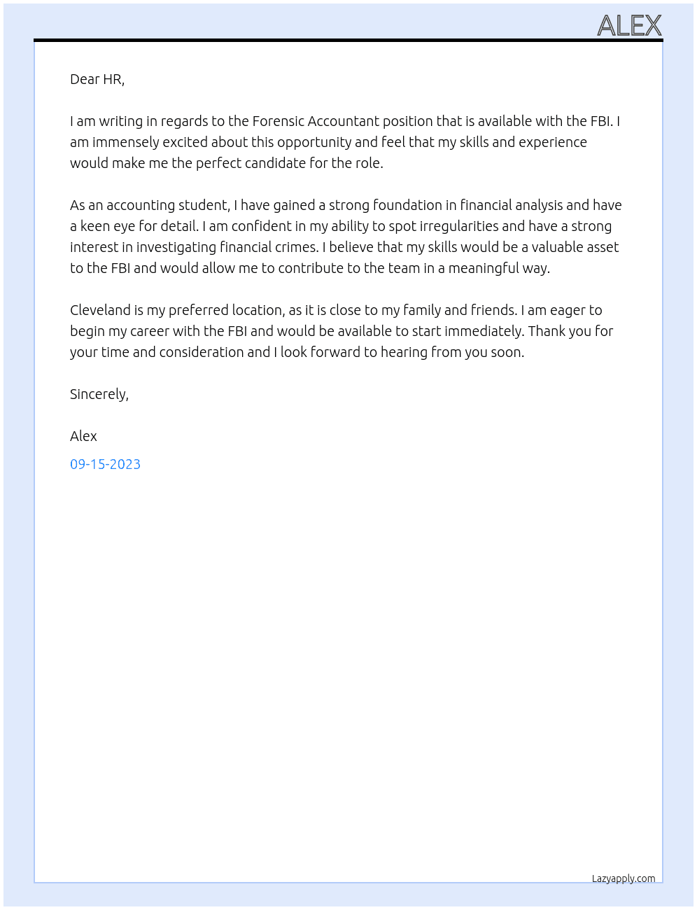 Forensic Accountant At FBI Cover Letter