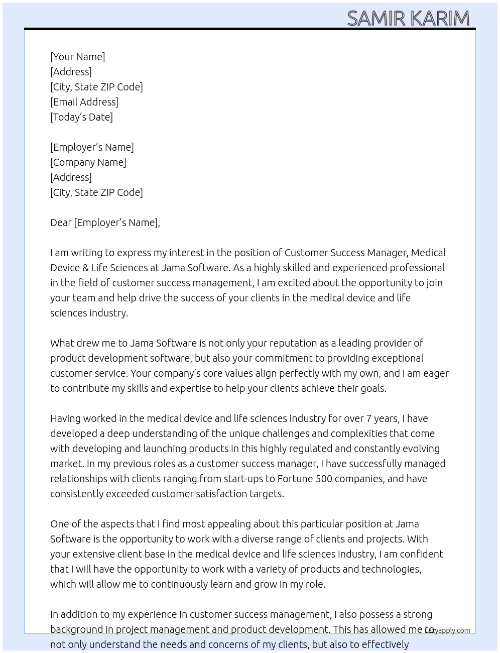 Customer Success Manager, Medical Device & Life Sciences At Jama Software Cover Letter