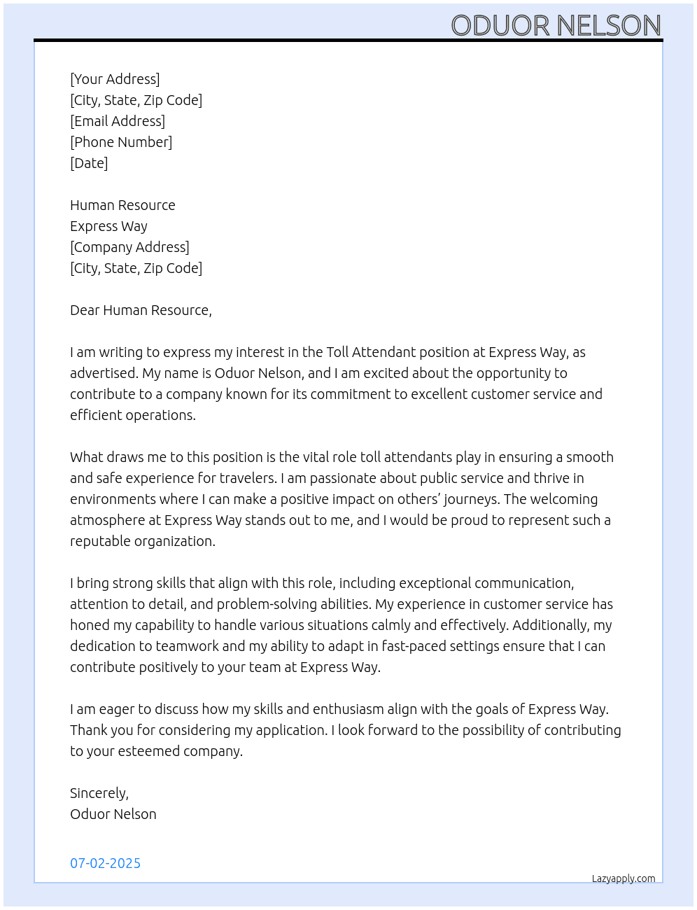 Cover letter for toll attendat - LazyApply