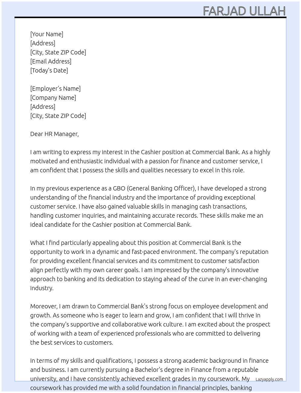 Cashier  At Commercial bank Cover Letter