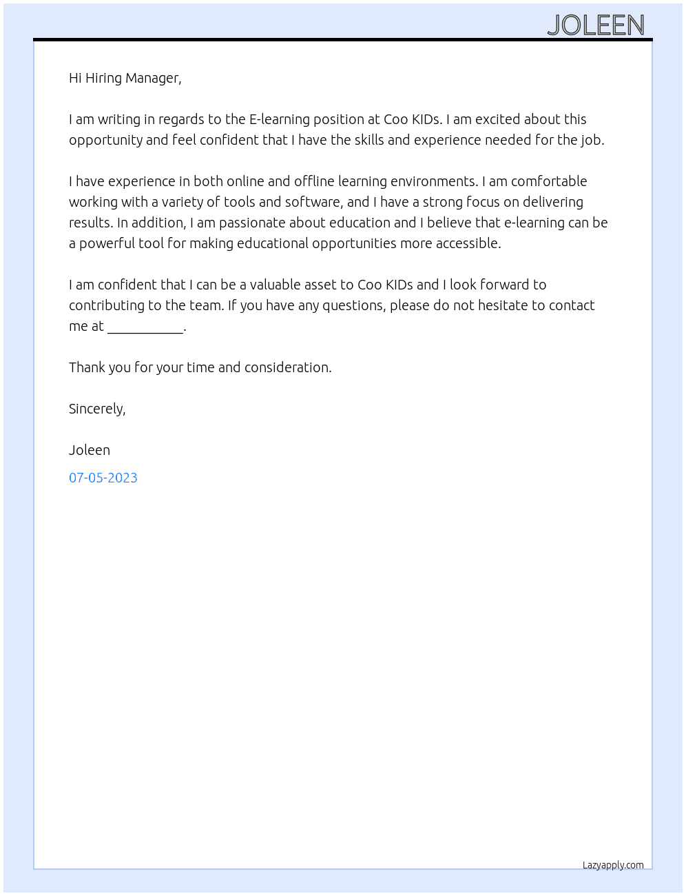 E-learning At Coo KIDs Cover Letter