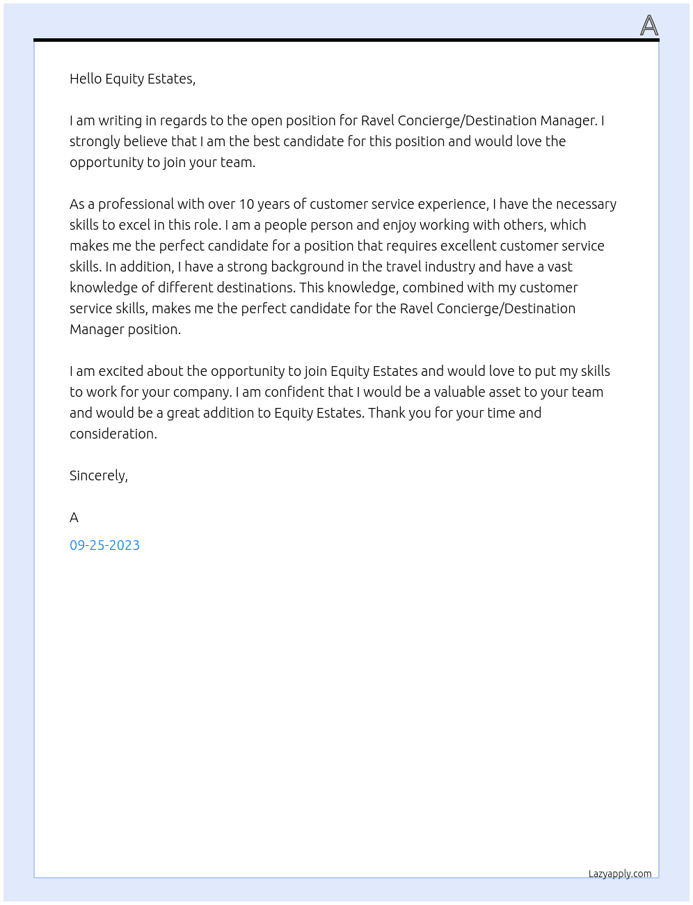 ravel Concierge/Destination Manager At Equity Estates Luxury Home Management, LLC Cover Letter