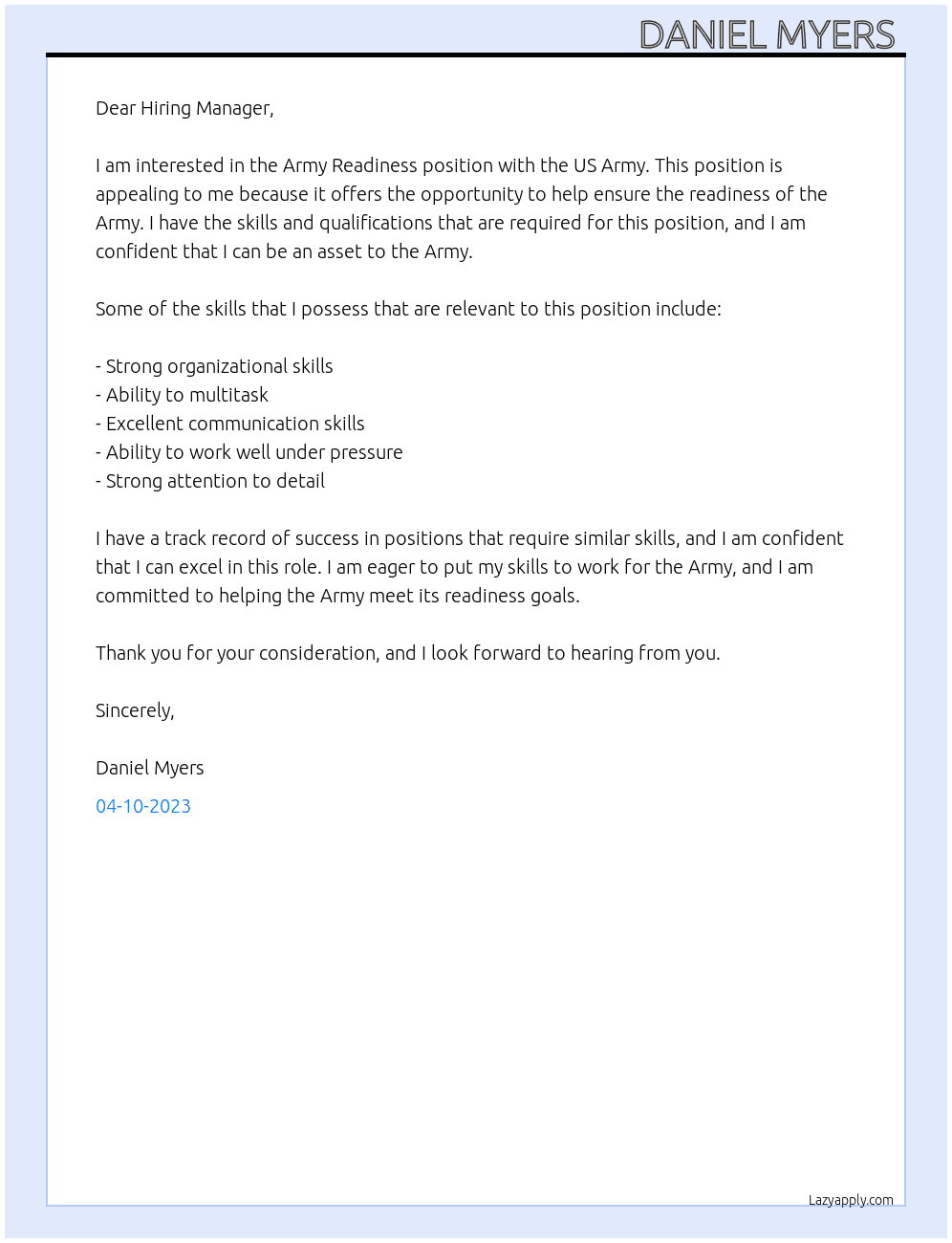 Army Readiness  At Us Army  Cover Letter