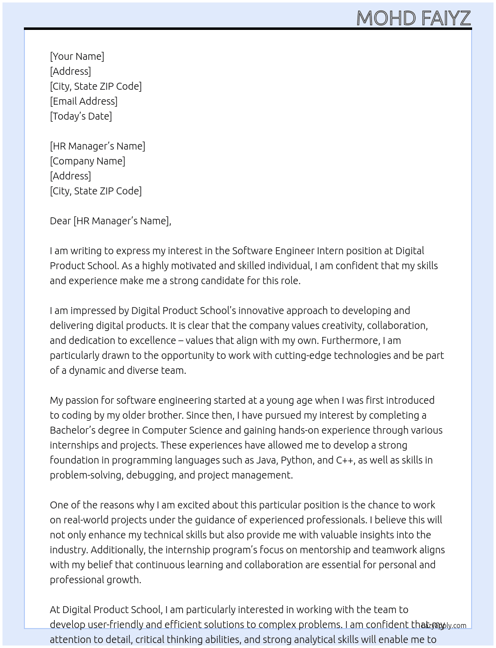 Software Engineer Intern At Digital Product School Cover Letter