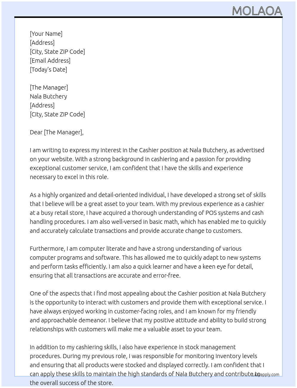 Cashier  At Nala Butchery  Cover Letter