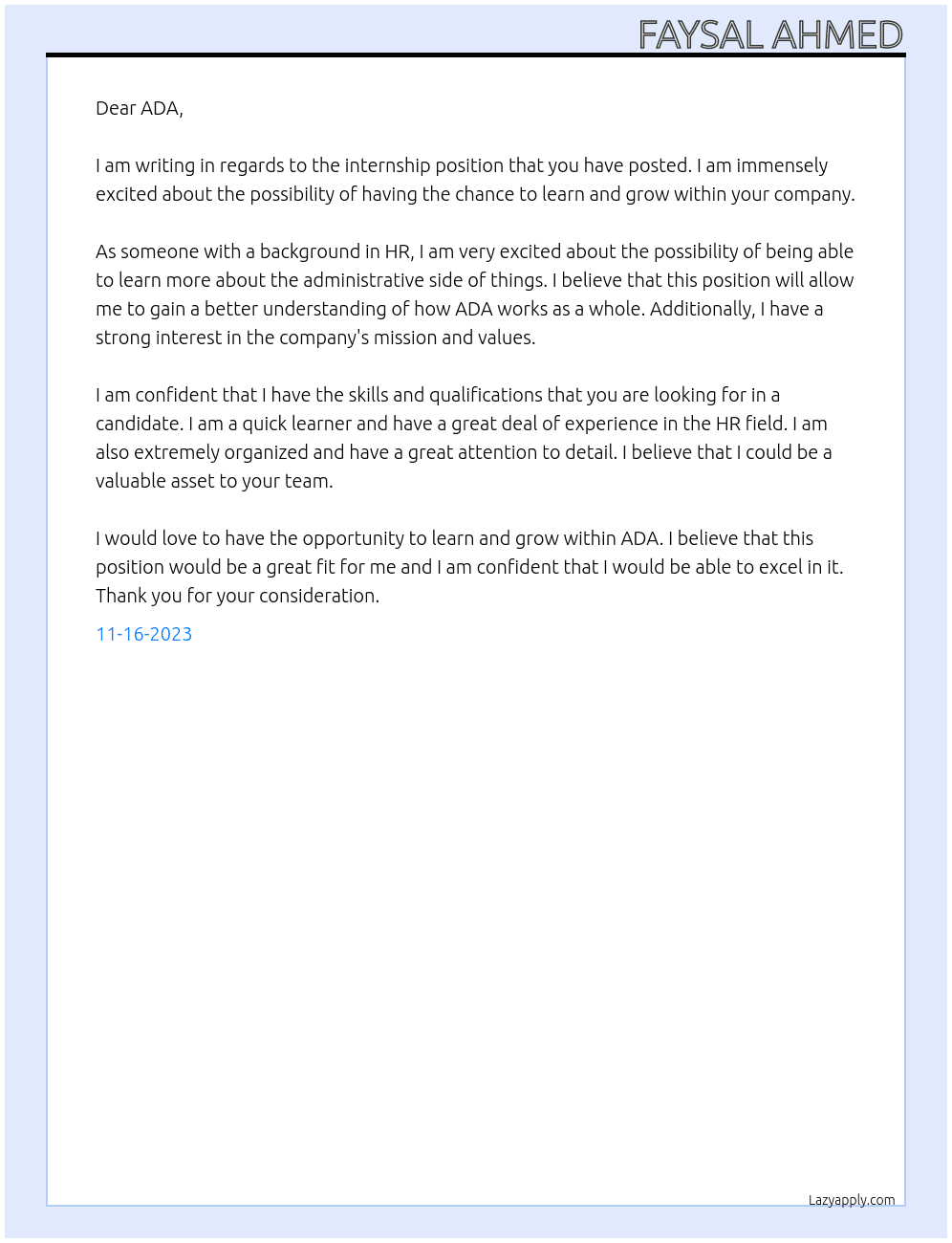 internship At ADA Cover Letter