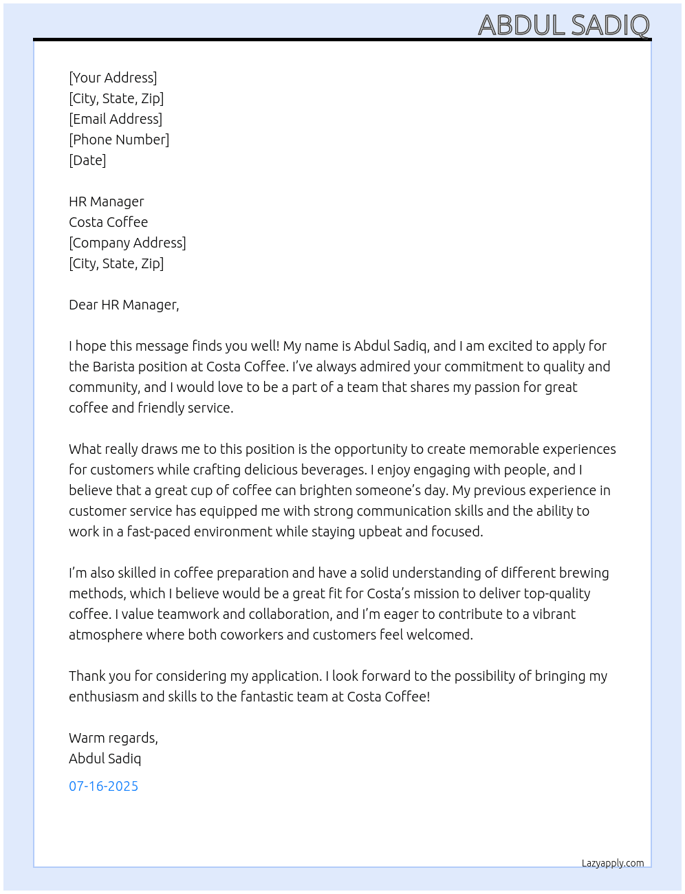 Barista At Costa coffee Cover Letter