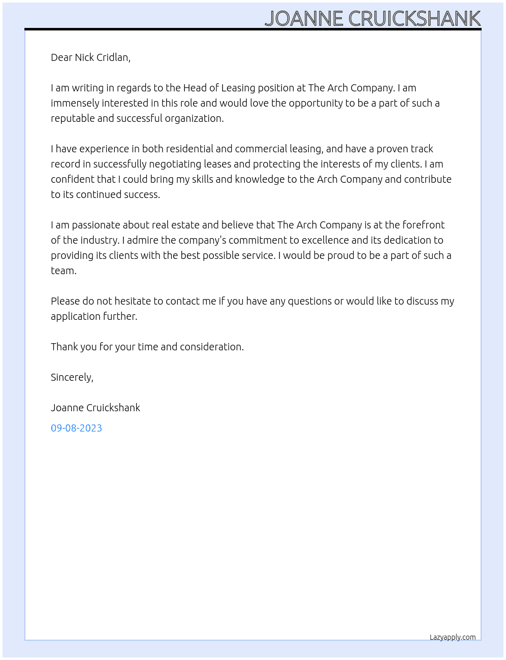 Head of leasing At The Arch Company  Cover Letter