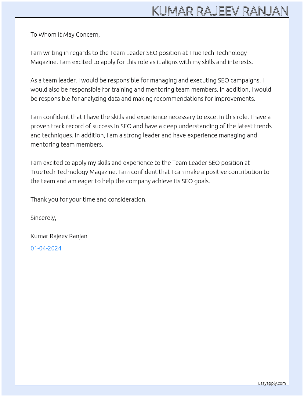  Team Leader SEO At TrueTech Technology Magazine Cover Letter