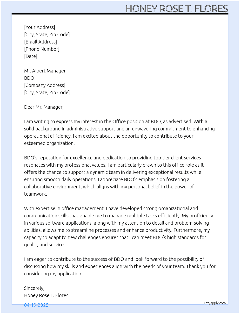 Office  At bdo Cover Letter