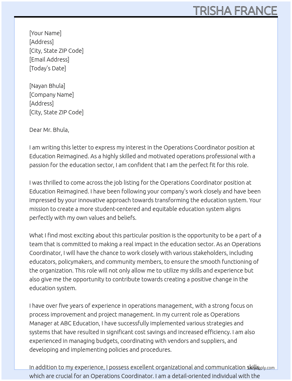 Operations Coordinator At education reimagined Cover Letter