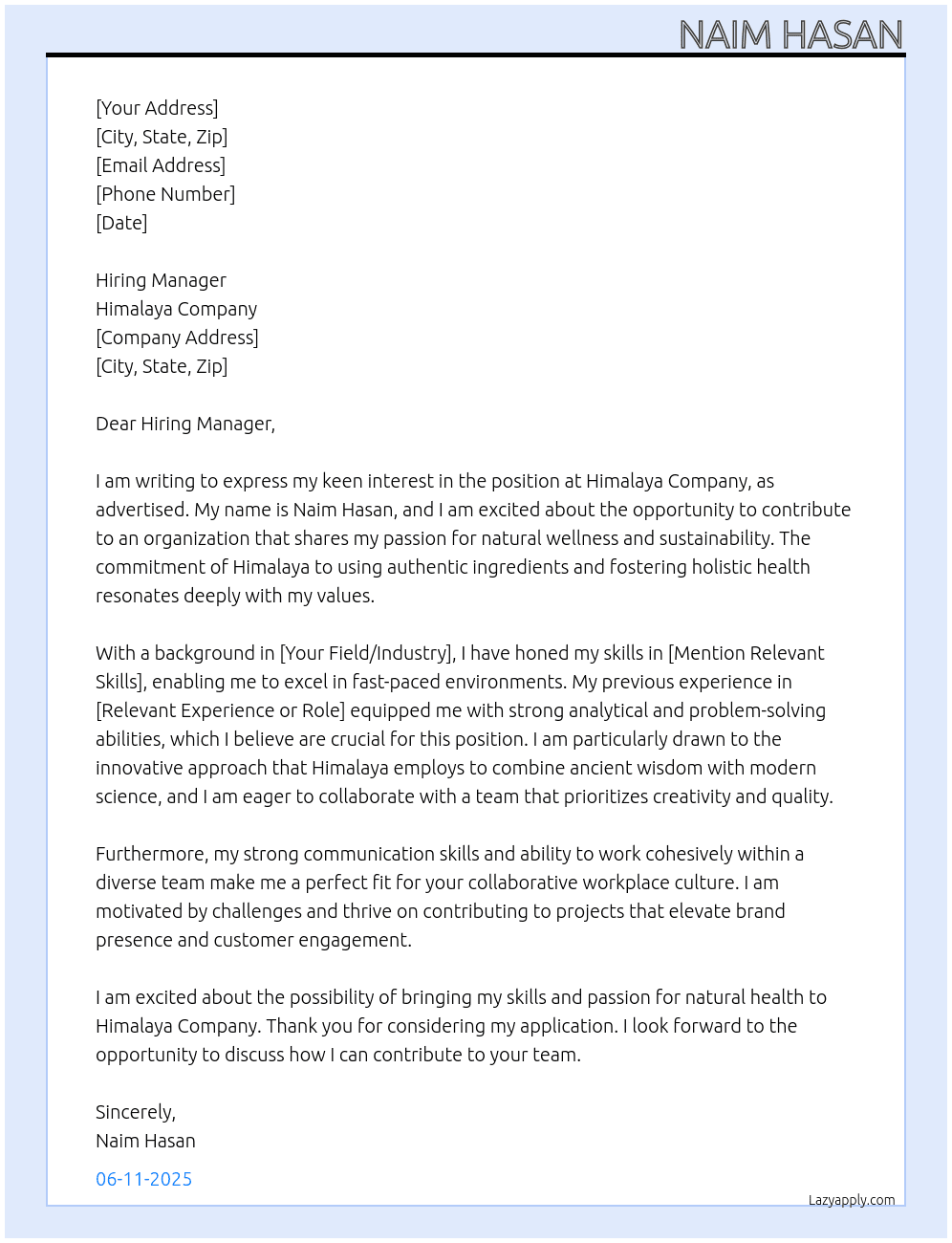 himalaya company  At Naim Hasan Cover Letter