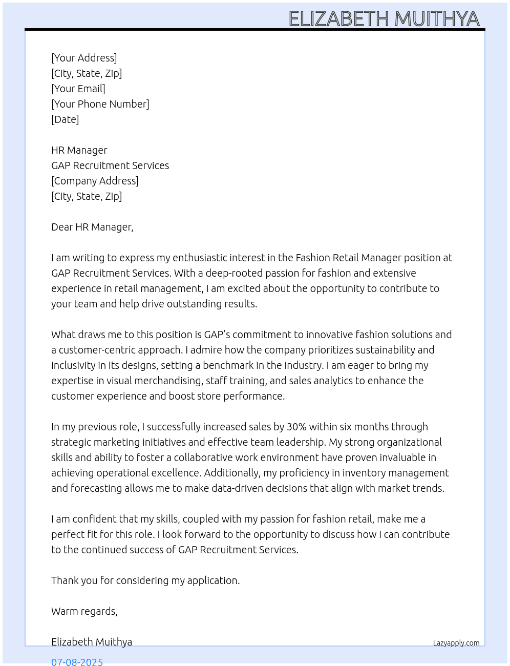 Fashion Retail manager  At GAP RECRUITMENT SERVICES  Cover Letter