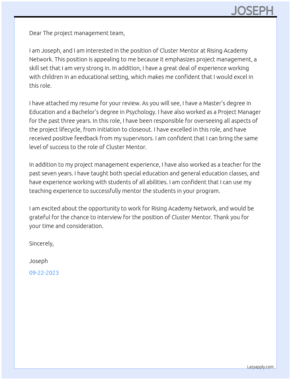 Cluster Mentor  At Rising Academy Network  Cover Letter