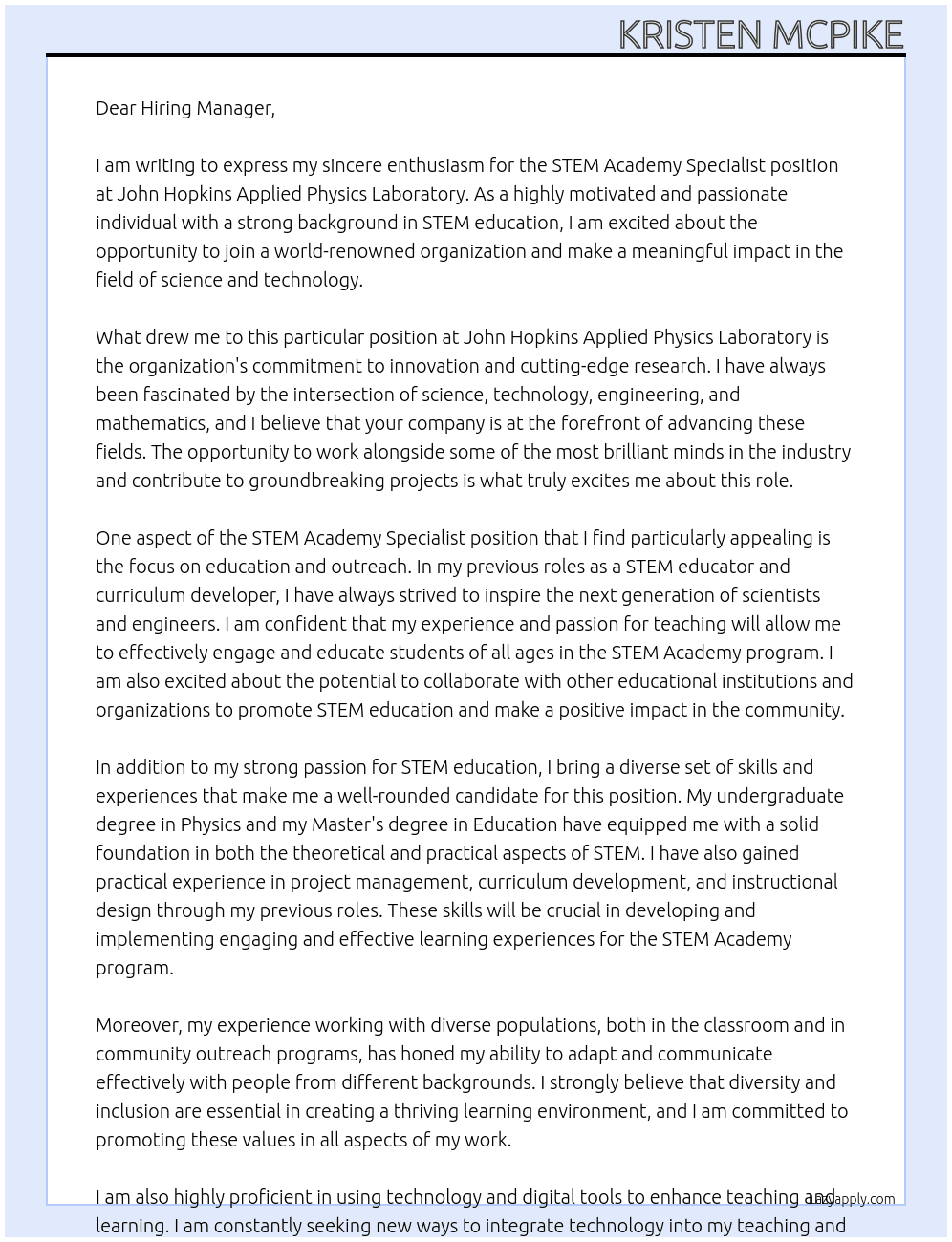 STEM Academy Specialist At John Hopkins Applied Physics Laboratory Cover Letter