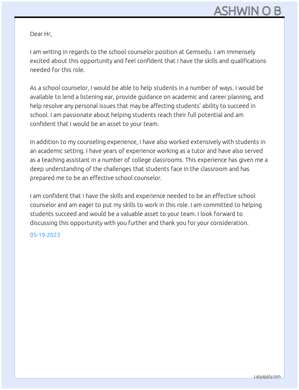 School counselor  At Gemsedu  Cover Letter