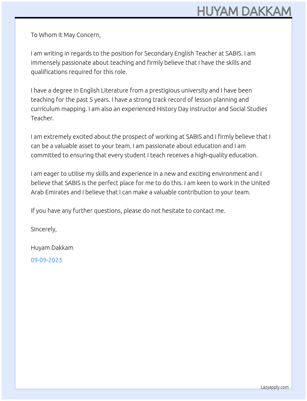 Secondary English Teacher At SABIS Cover Letter
