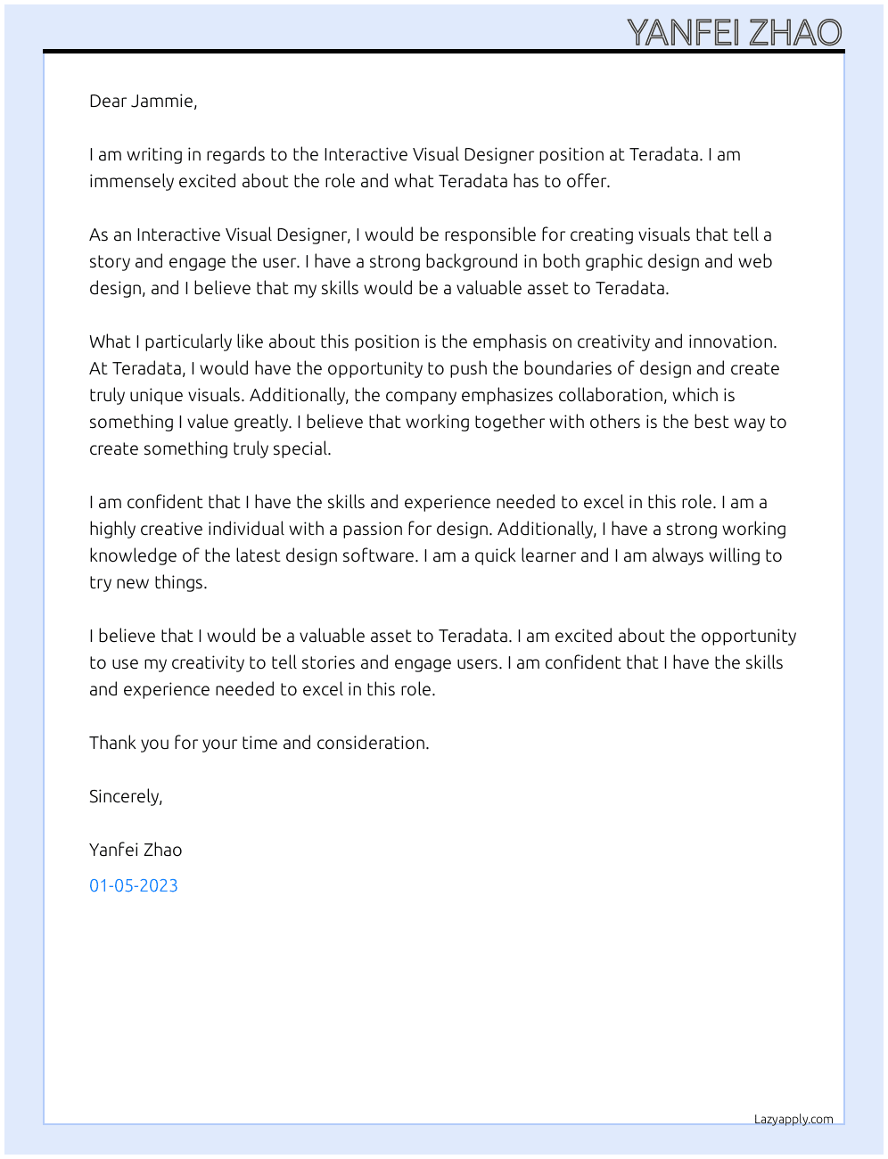 Cover letter for interactive visual designer - LazyApply