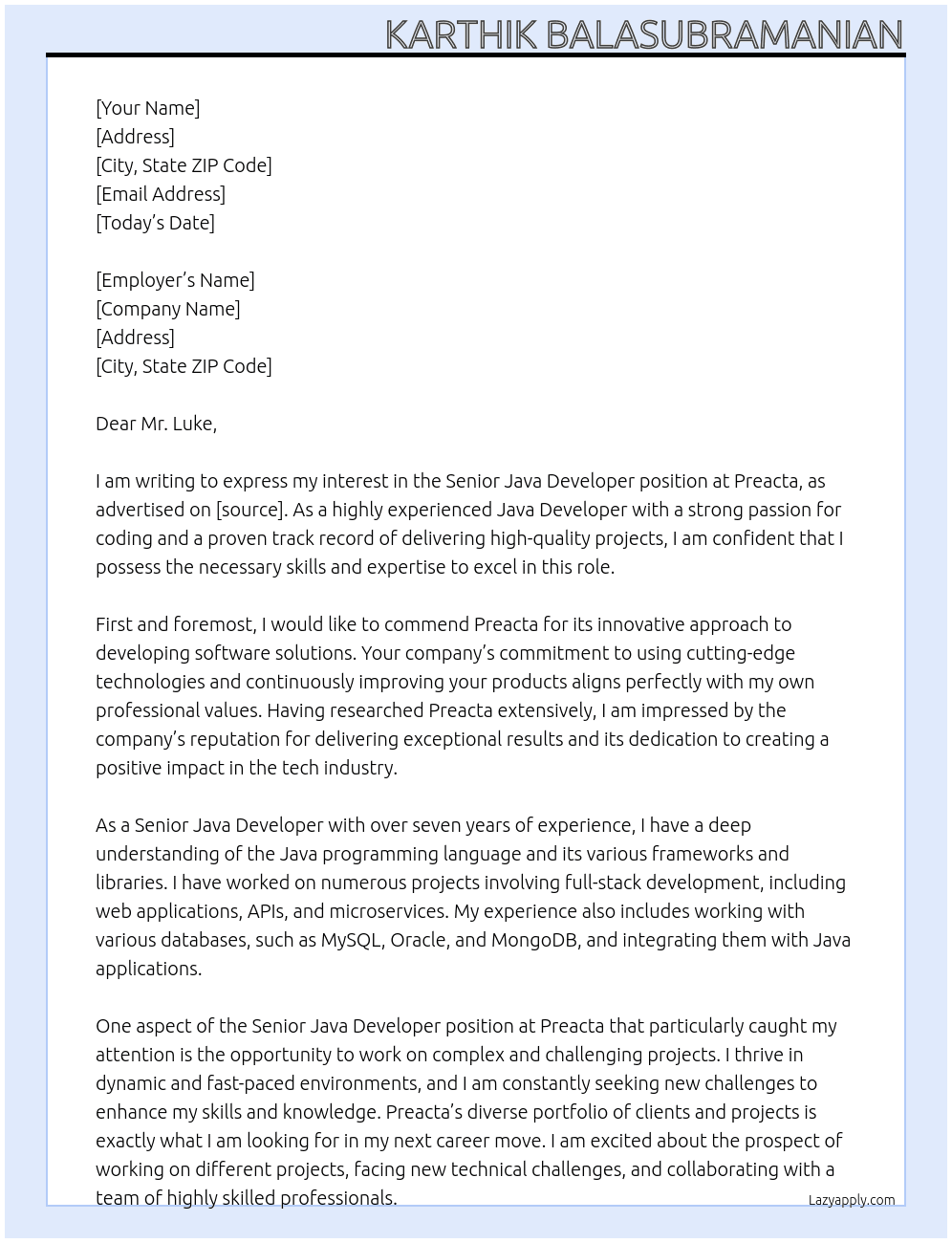 Senior Java Developer At Preacta Cover Letter