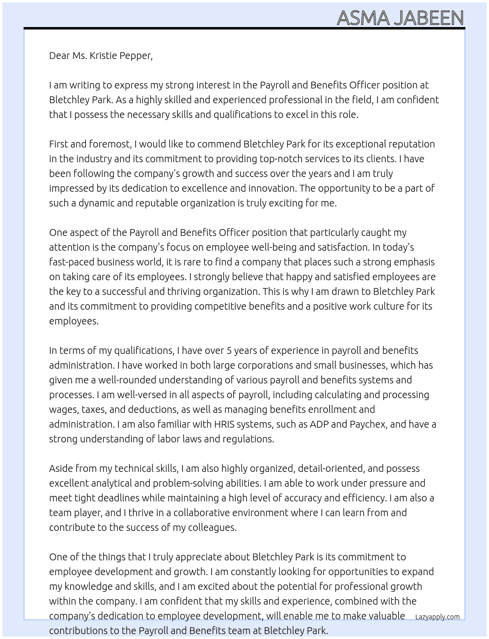 Payroll and Benefits Officer At Bletchley Park Cover Letter
