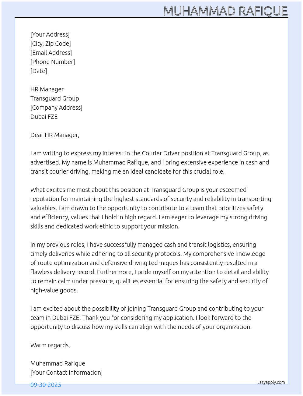 Courier Driver At Transguard Guard Group Cover Letter