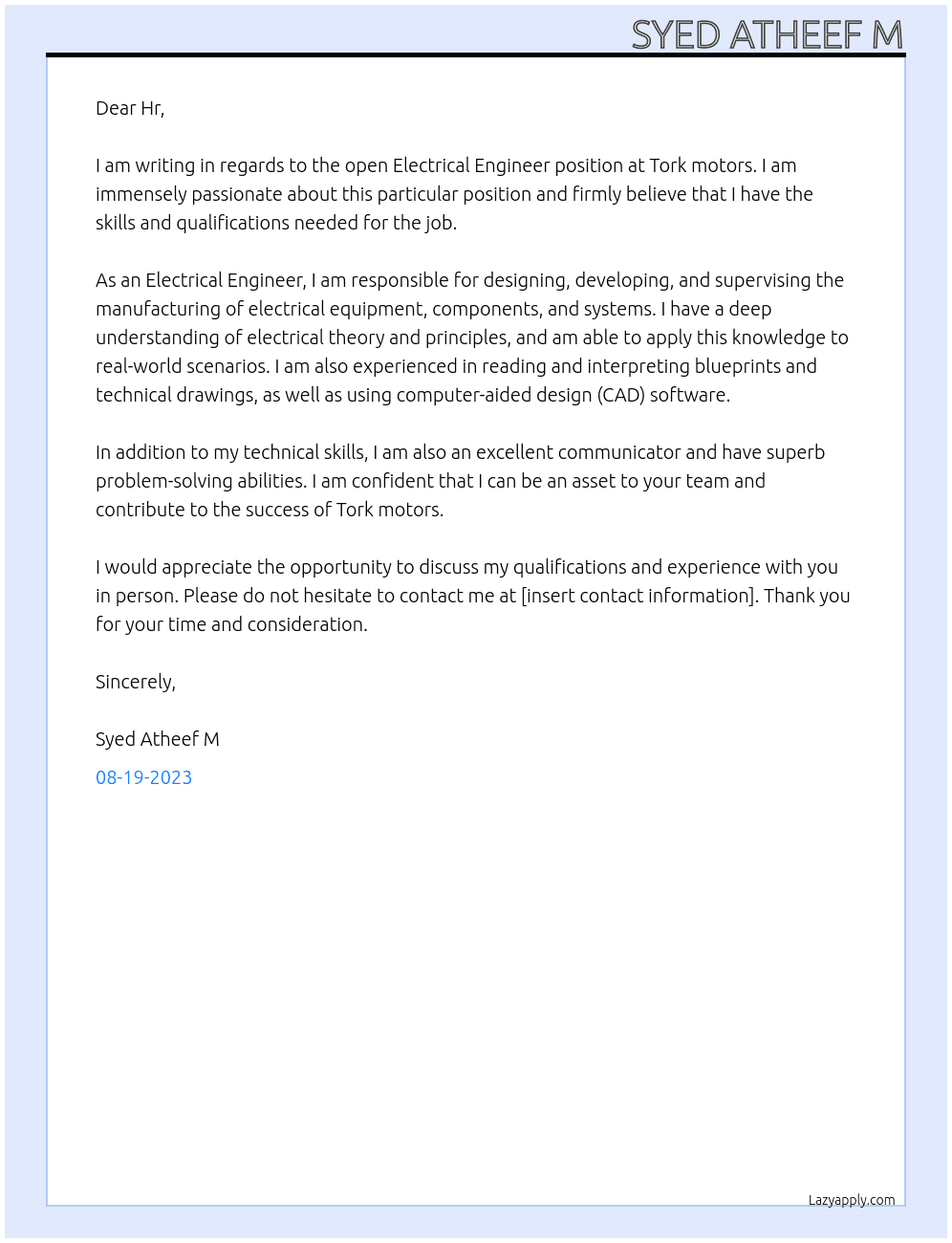 Electrical Engineer At Tork motors Cover Letter