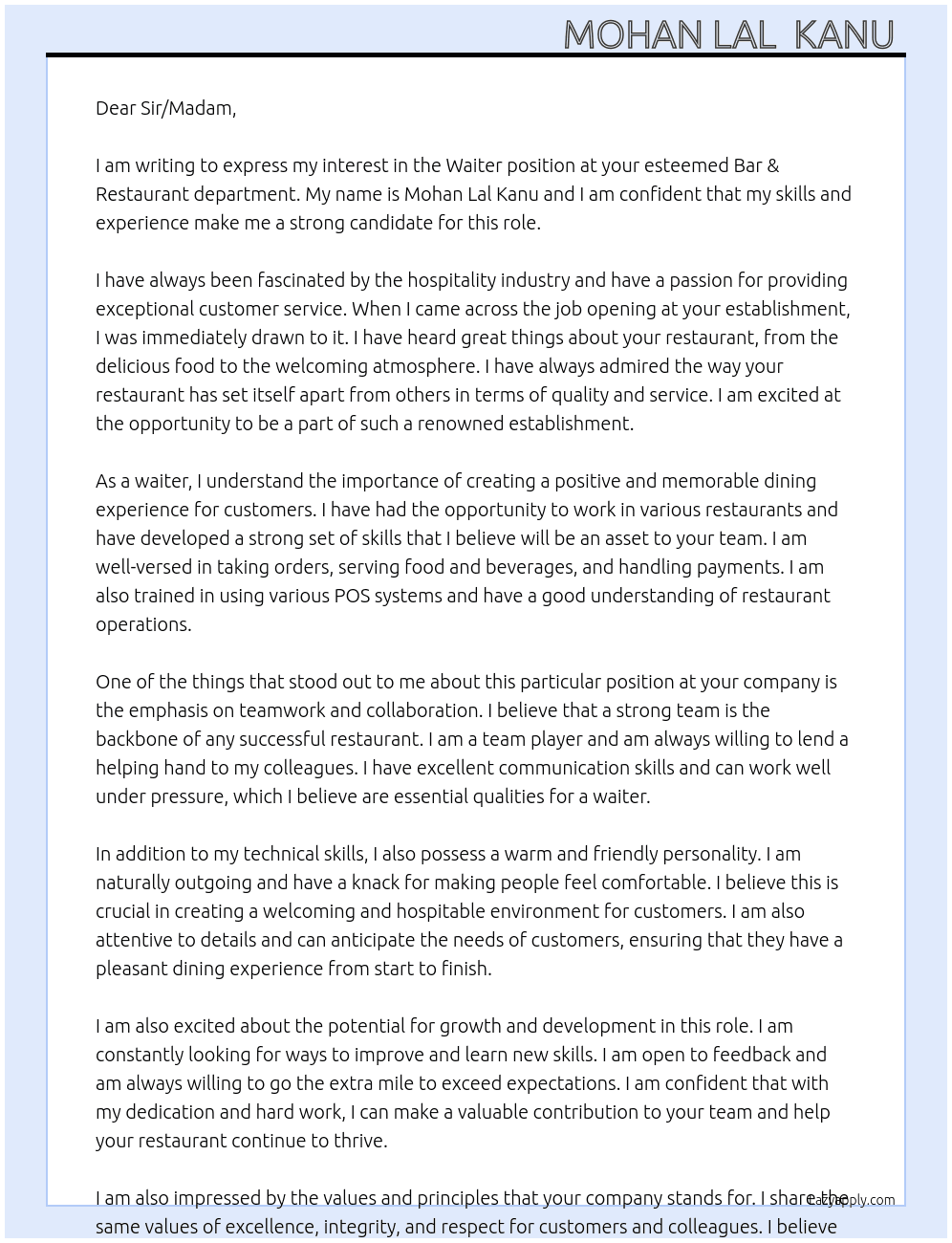 Waiter  At Bar & restaurant department  Cover Letter