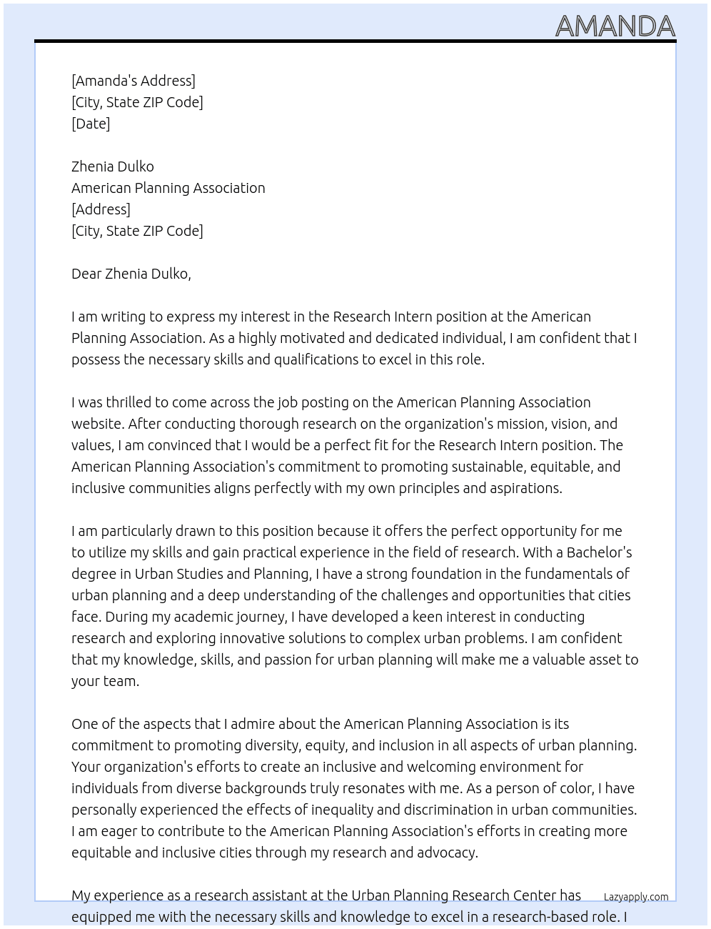 Research Intern At American Planning Association Cover Letter