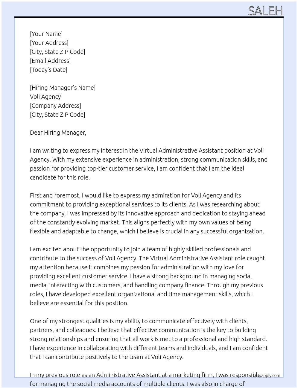 Virtual Administrative Assistant At Voli Agency  Cover Letter