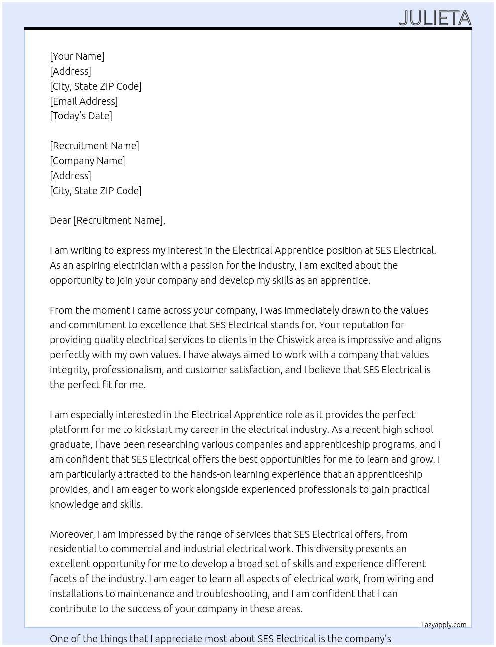 Electrical apprentice  At SES Electrical Cover Letter