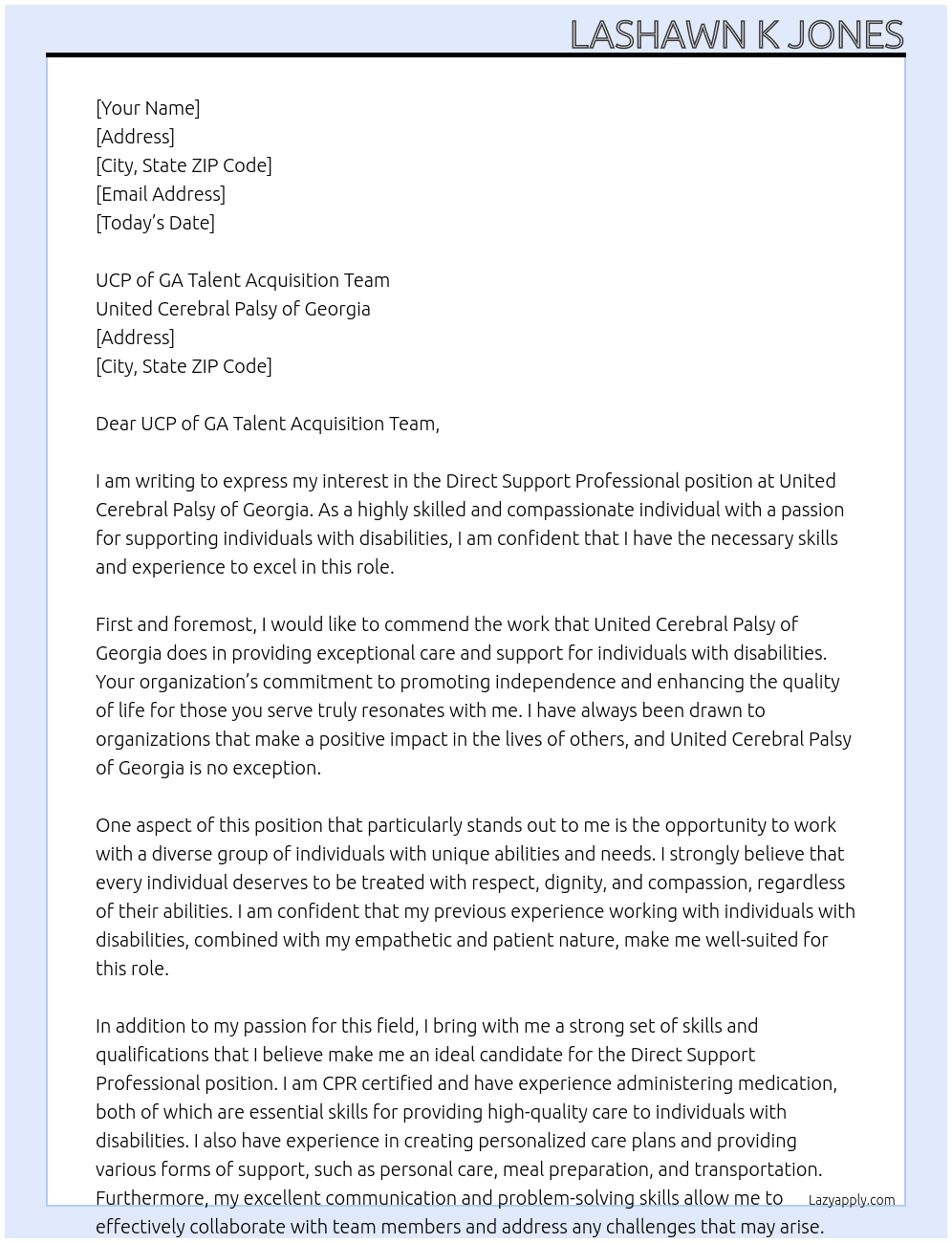 Direct Support Professional At United Cerebral Palsy of Georgia Cover Letter
