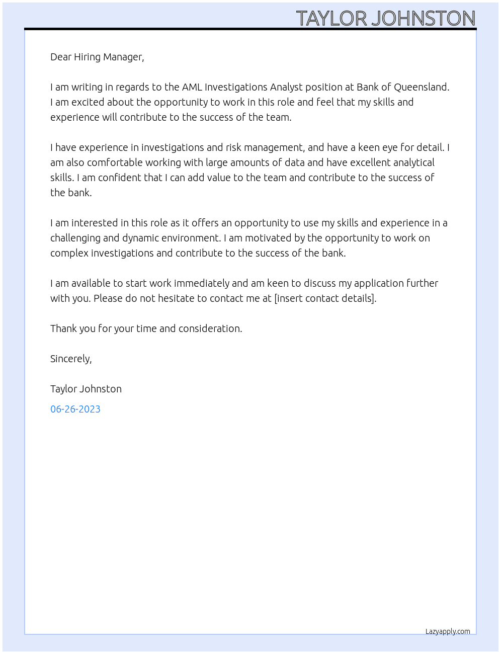 AML Investigations Analyst At Bank of Queensland Cover Letter
