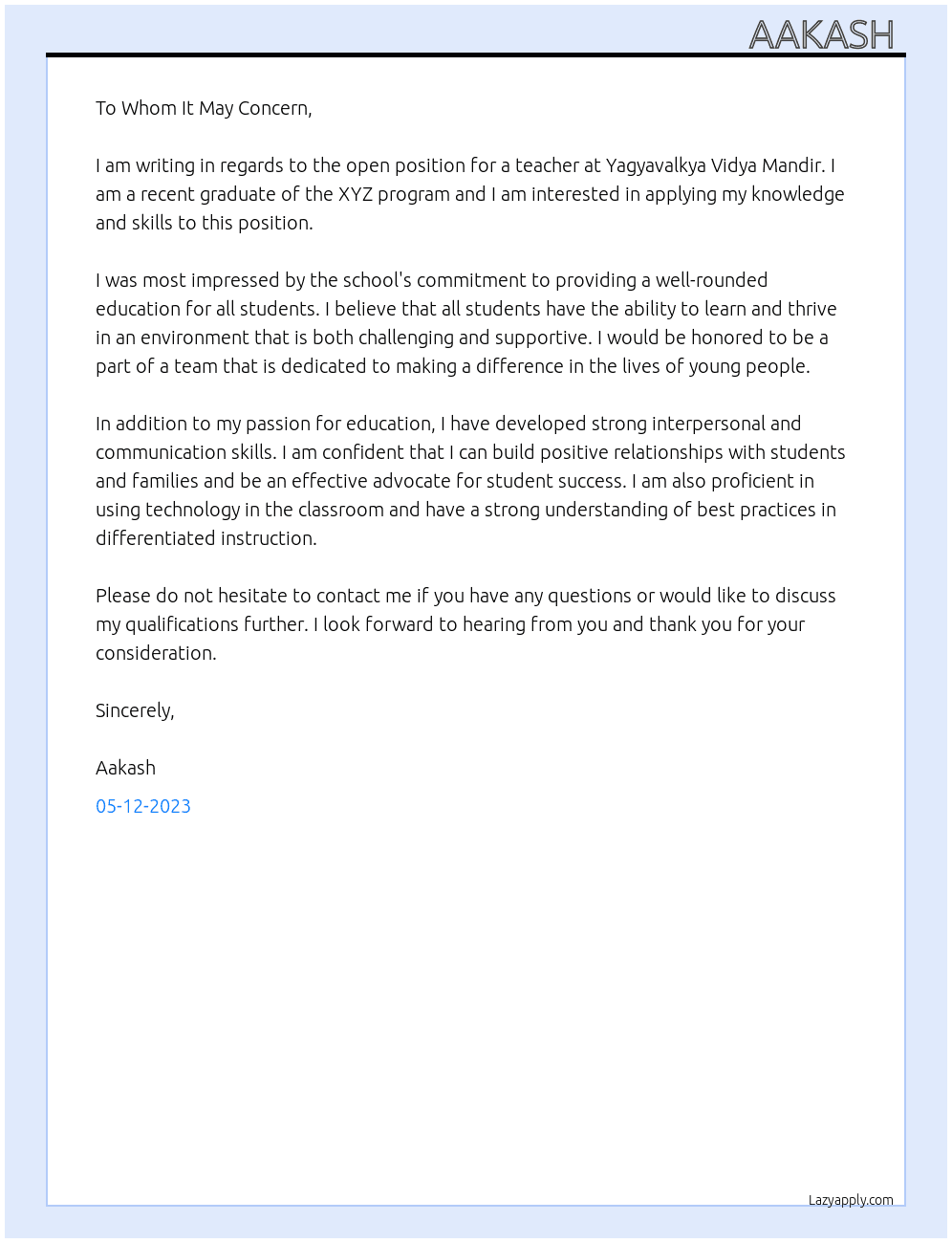 Application for the post of teacher  At yagyavalkya vidya mandir  Cover Letter