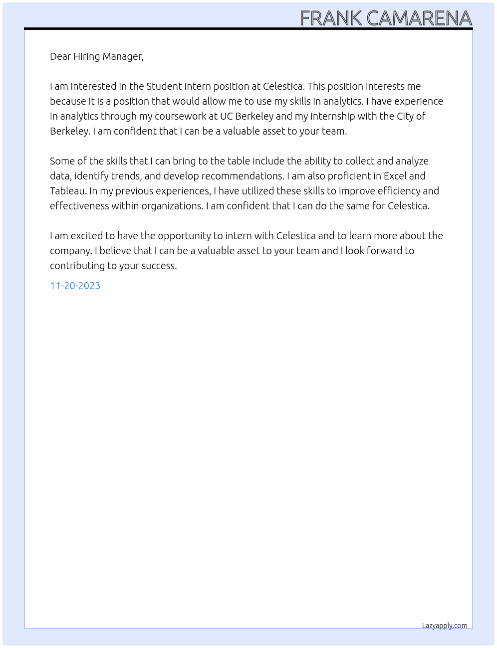 Student Intern ata Analytics At Celestica Cover Letter