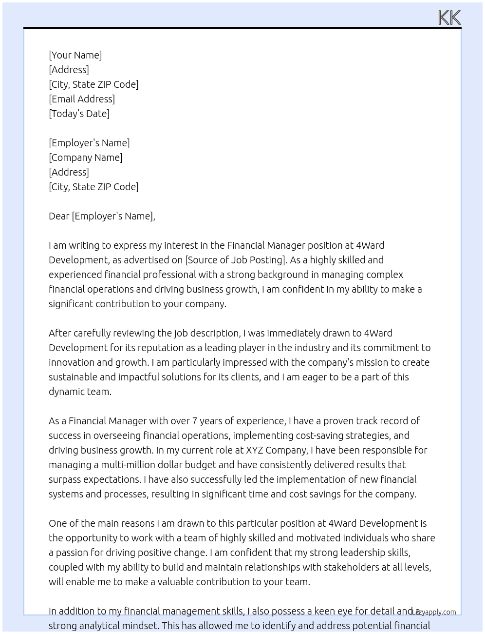 Financial Manager At 4Ward Development Cover Letter