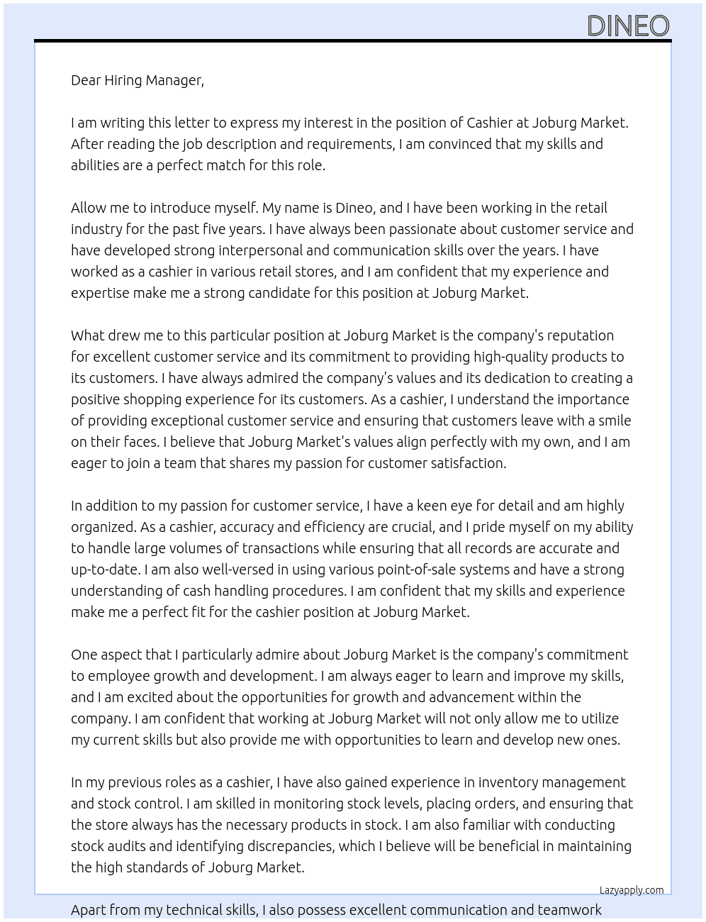 cashier At Joburg Market Cover Letter
