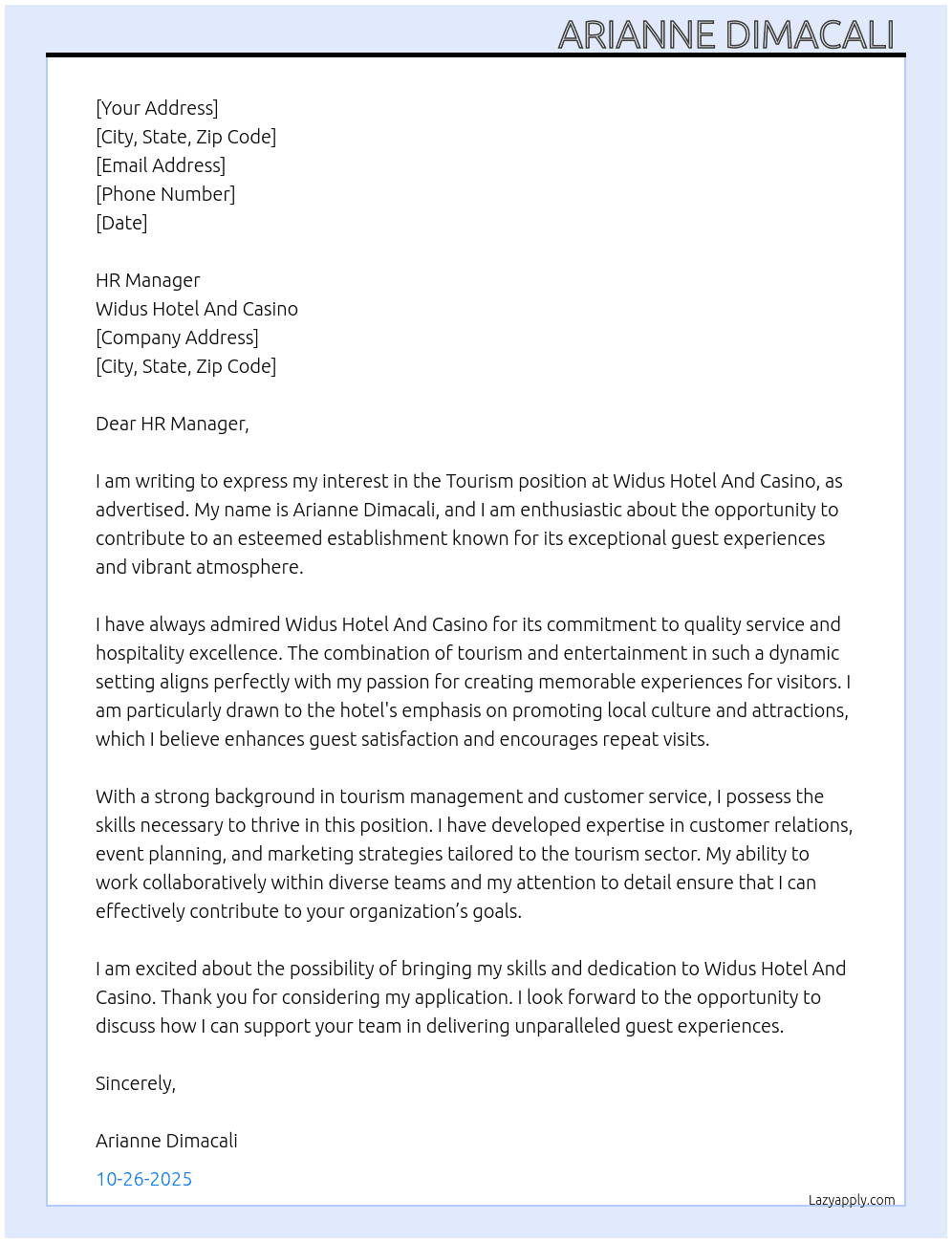 Tourism  At Widus Hotel And Casino  Cover Letter