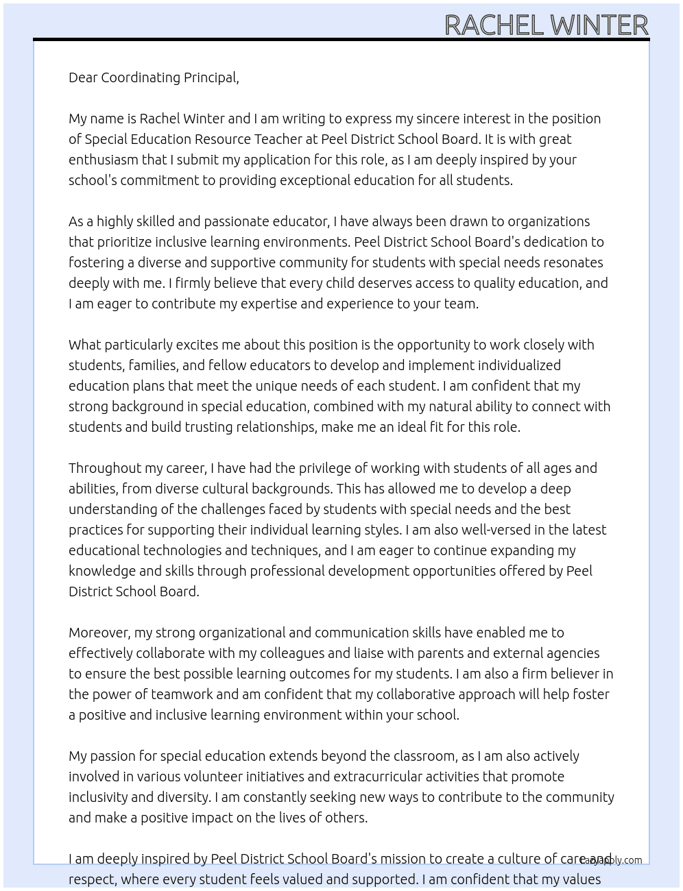Special Education Resource Teacher  At Peel District School Board  Cover Letter