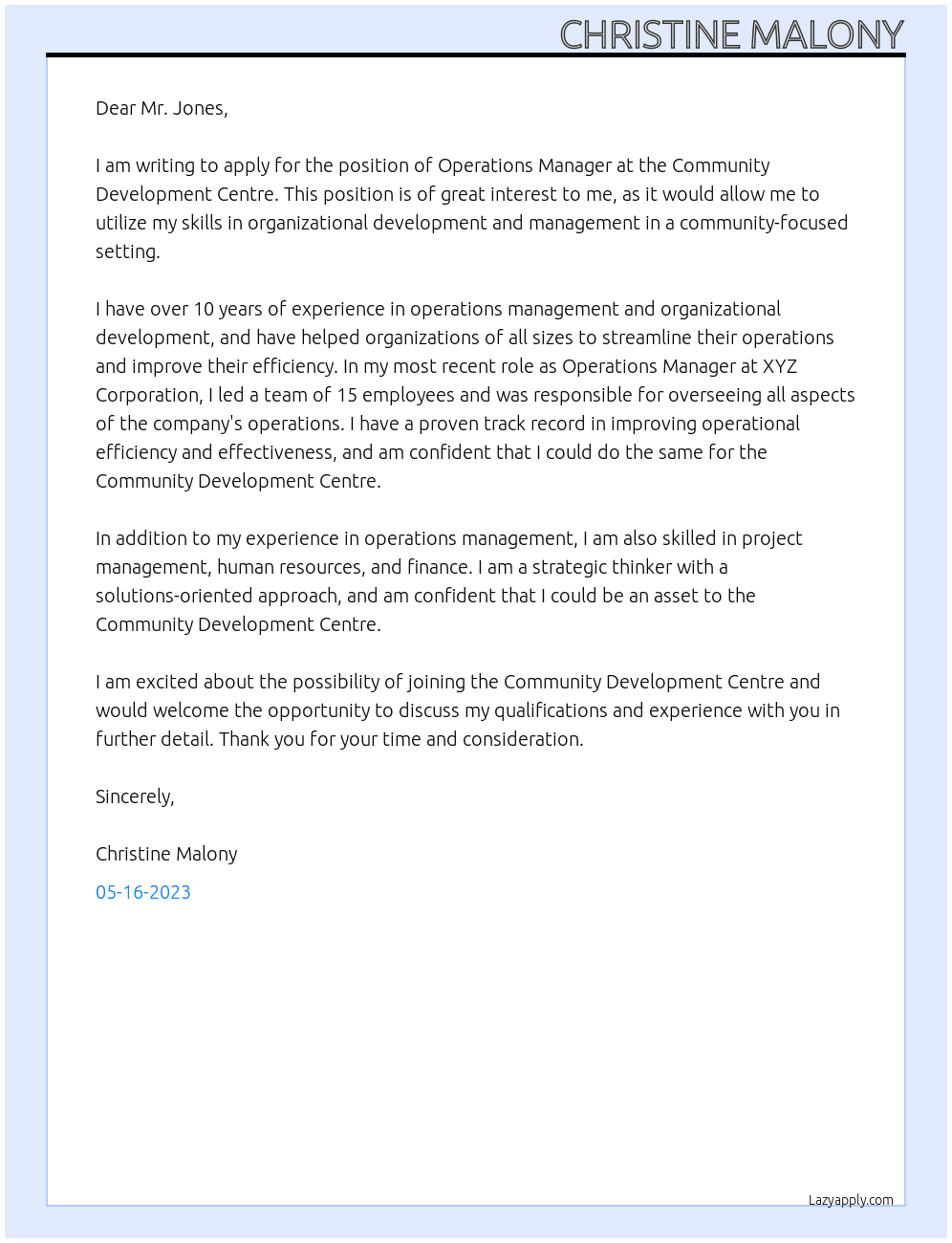 Operation manager At community development centre Cover Letter