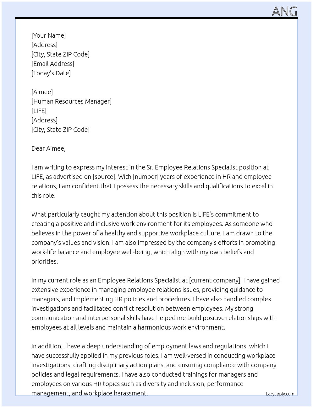  Sr. Employee Relations Specialist At LIFE Cover Letter