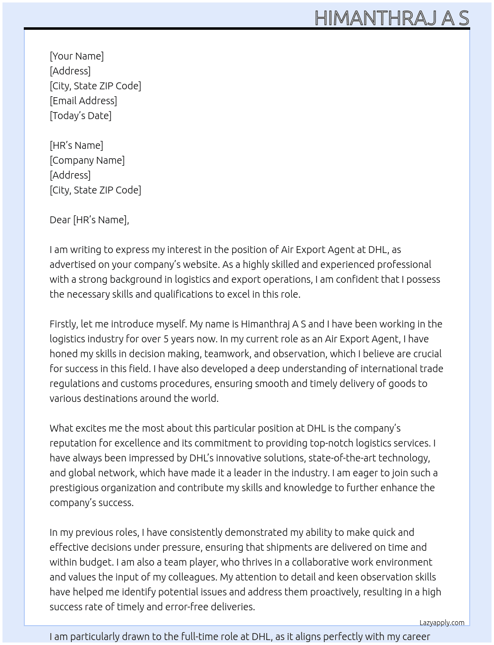 Cover letter for air export agent - LazyApply