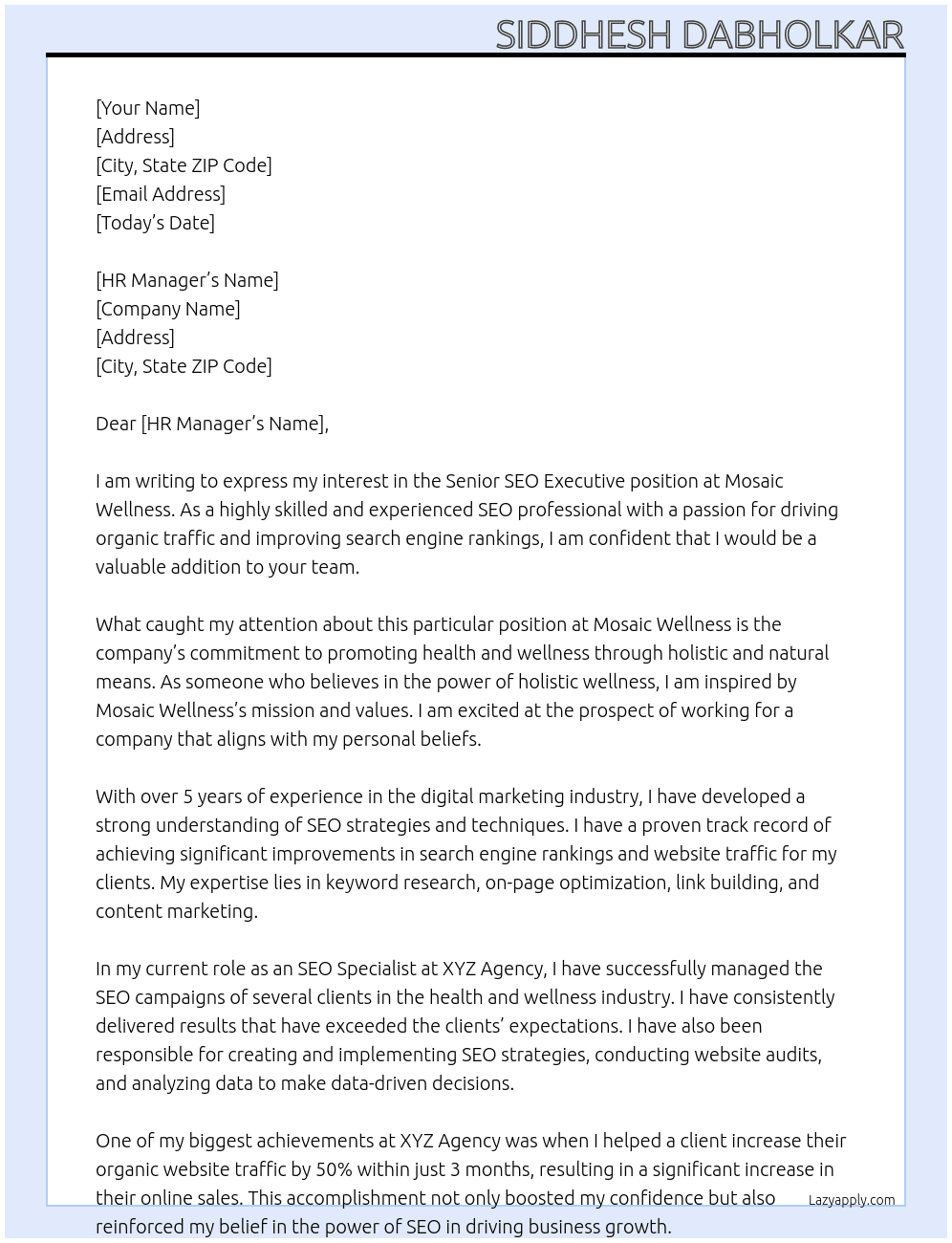 Senior SEO Executive At Mosaic Wellness Cover Letter