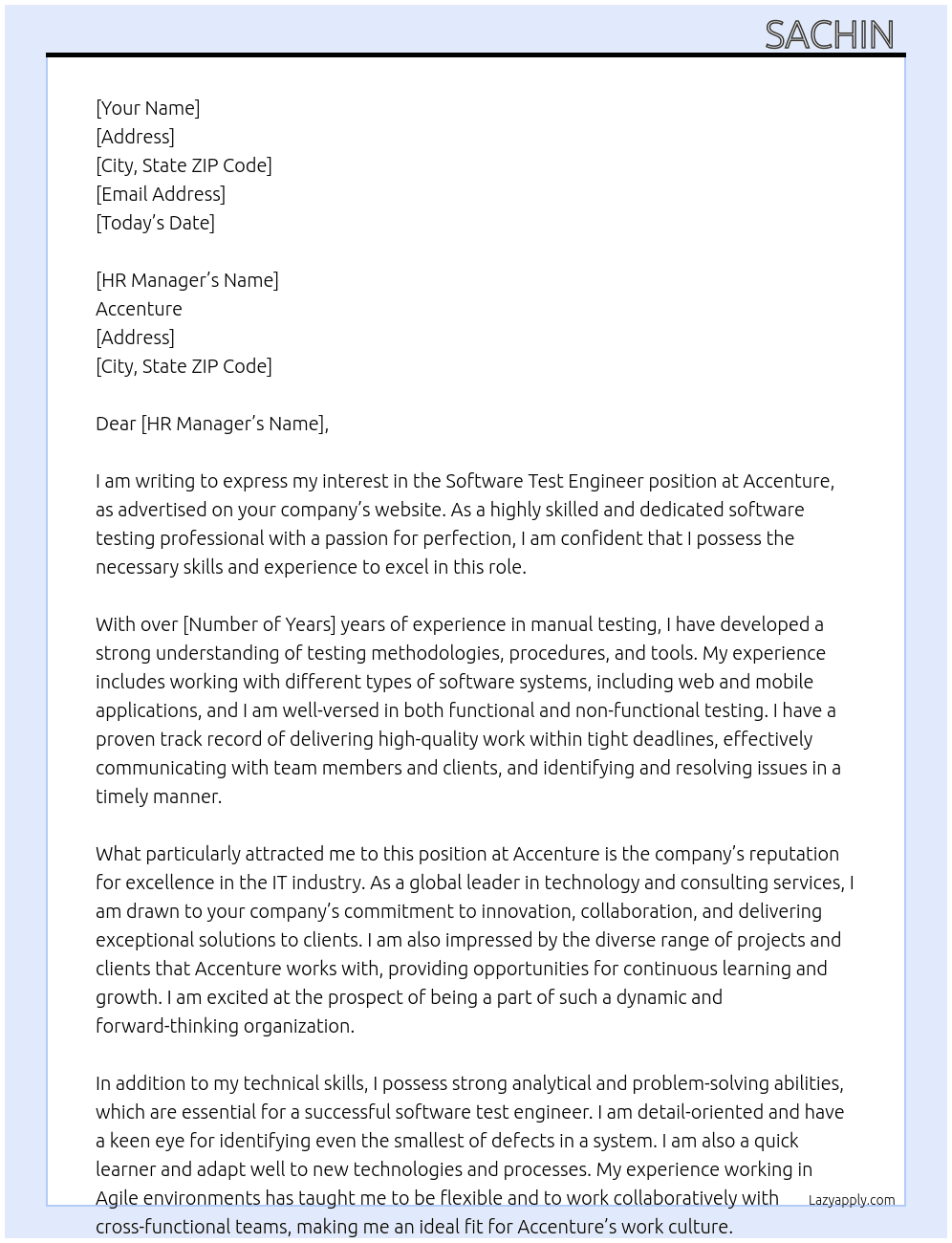 software test engineer At accenture Cover Letter