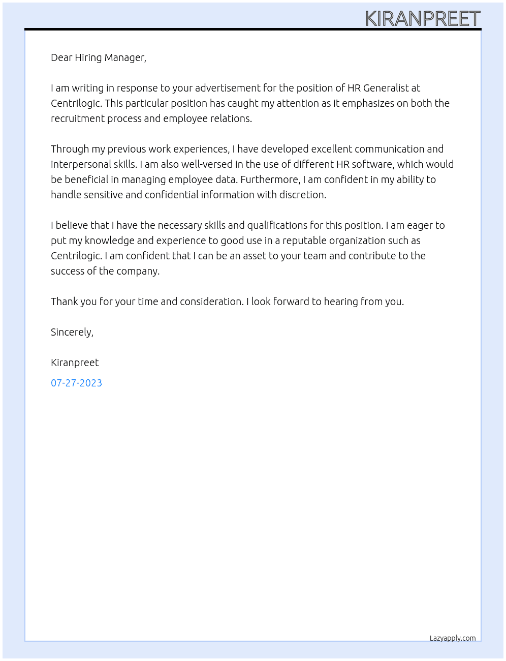 HR Generalist At Centrilogic Cover Letter