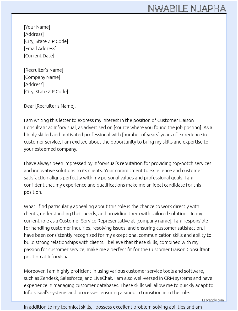 Customer liaison consultant  At Inforvisual Cover Letter