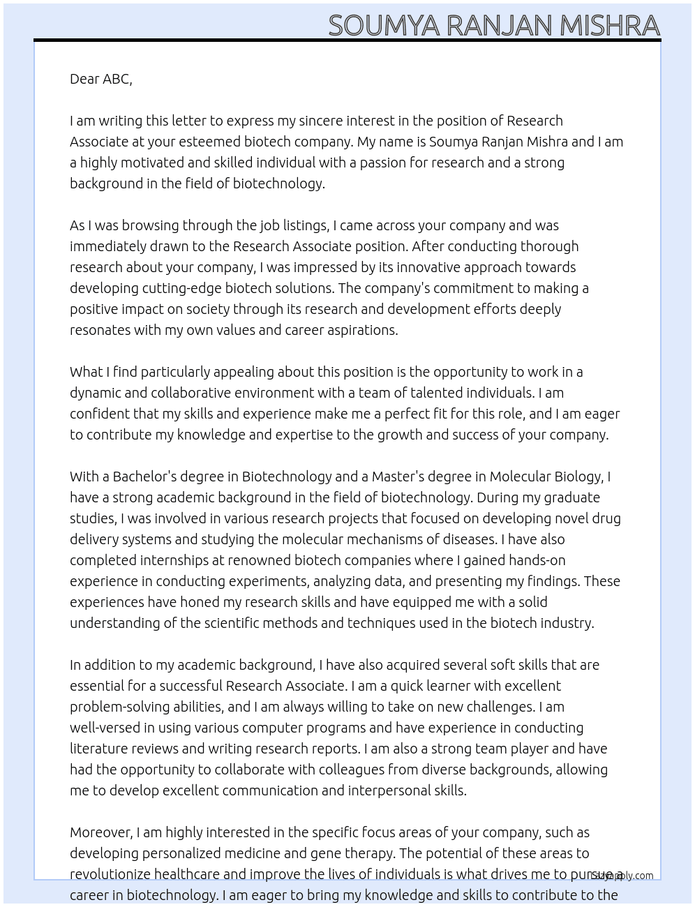 Reaseach associate At biotech company Cover Letter